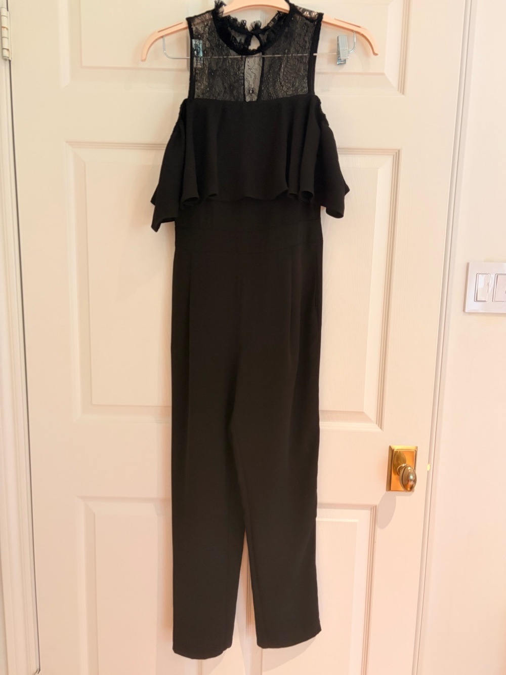 Zara Black Lace Yoke Off-Shoulder Jumpsuit- looks full length in 5’2’’ like me